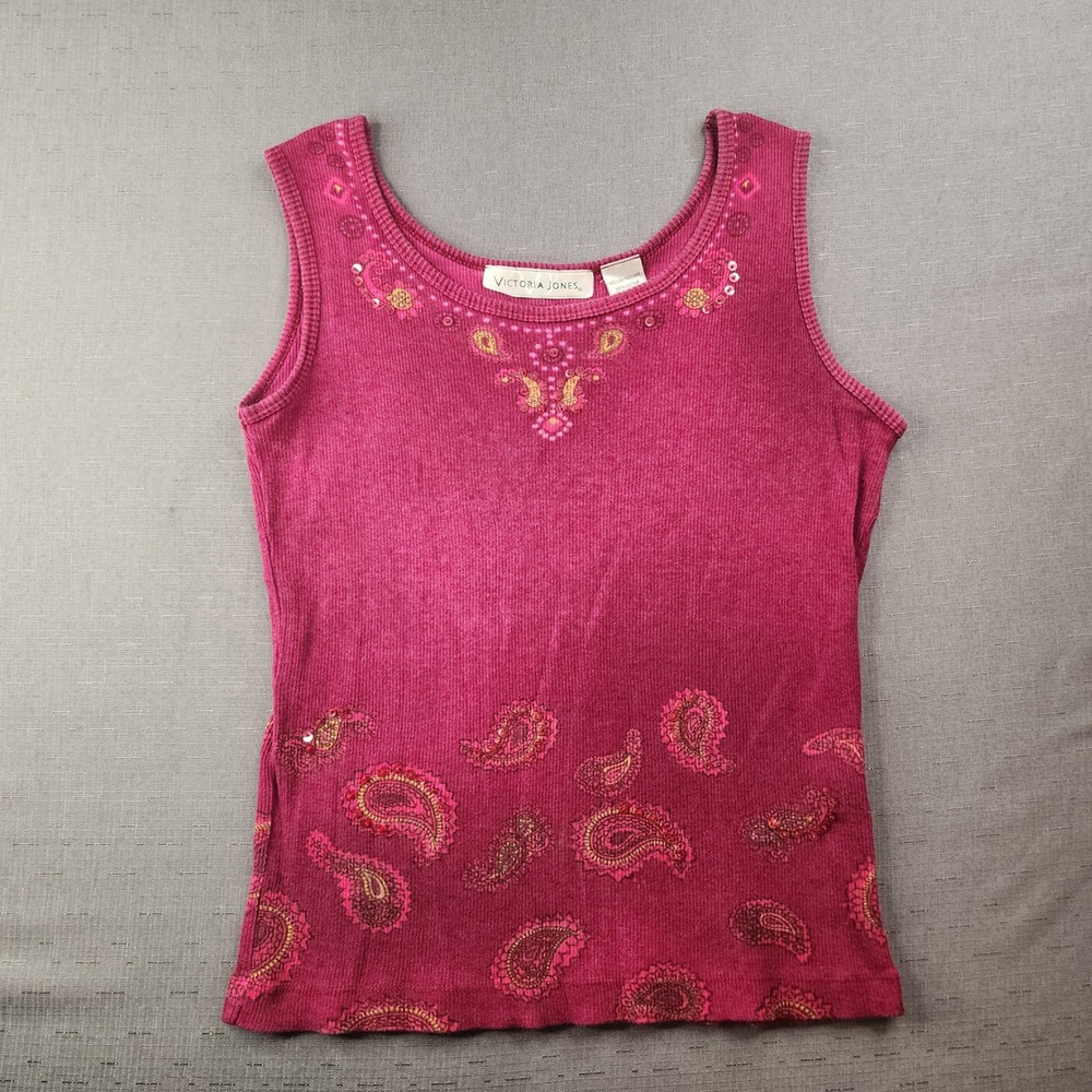 Victoria Jones Y2K Red Paisley Embellished Tank Top Size Medium Ribbed Cotton